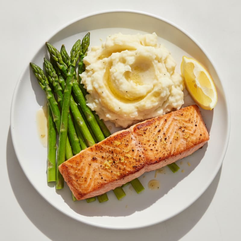 Seared Salmon with Steamed Asparagus and Garlic Mashed Potatoes