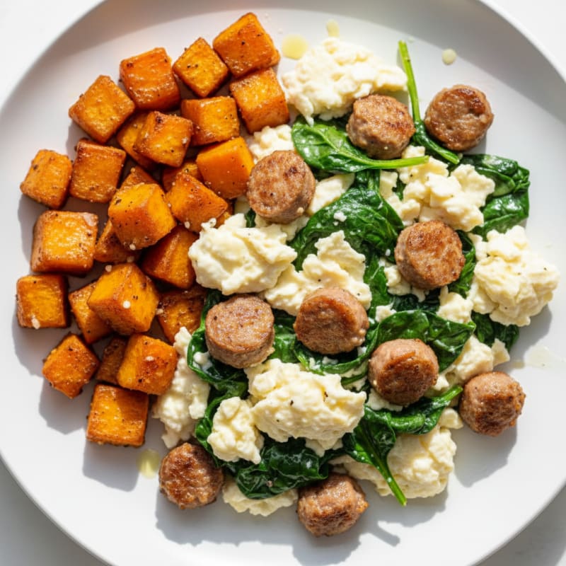 Egg White and Turkey Sausage Scramble with Sautéed Spinach and Sweet Potato