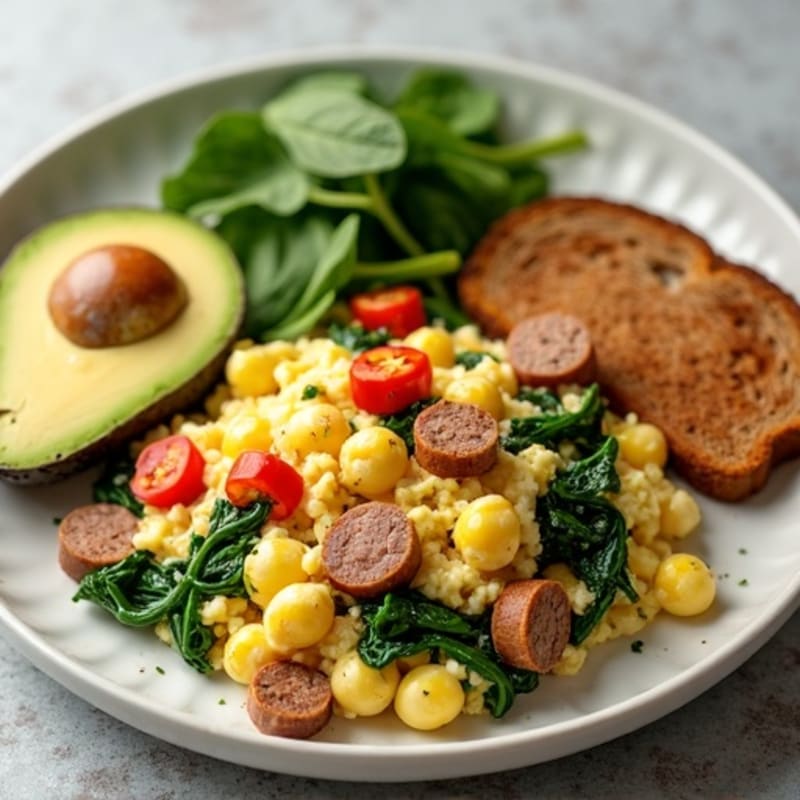 Egg White Scramble with Turkey Sausage and Sautéed Spinach