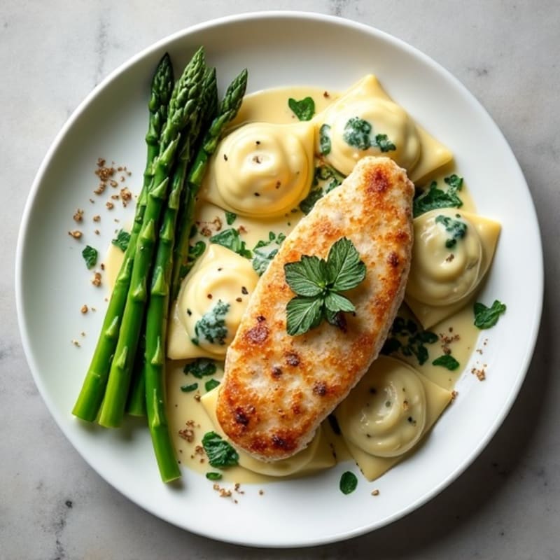 Creamy Spinach Ravioli with Pan-Seared Chicken and Roasted Asparagus