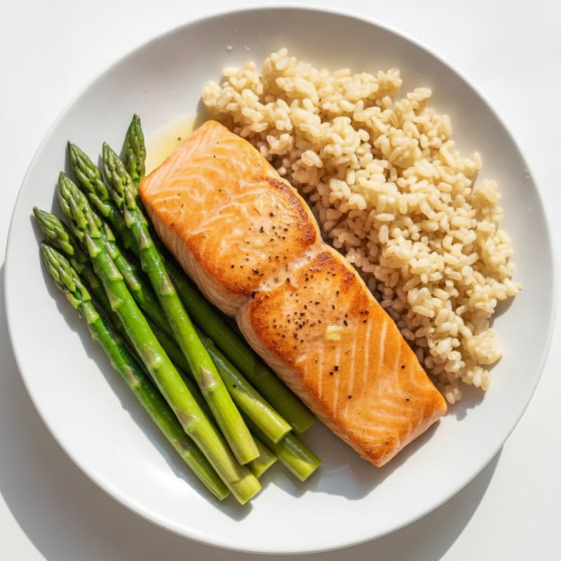 Seared Salmon with Steamed Asparagus and Brown Rice