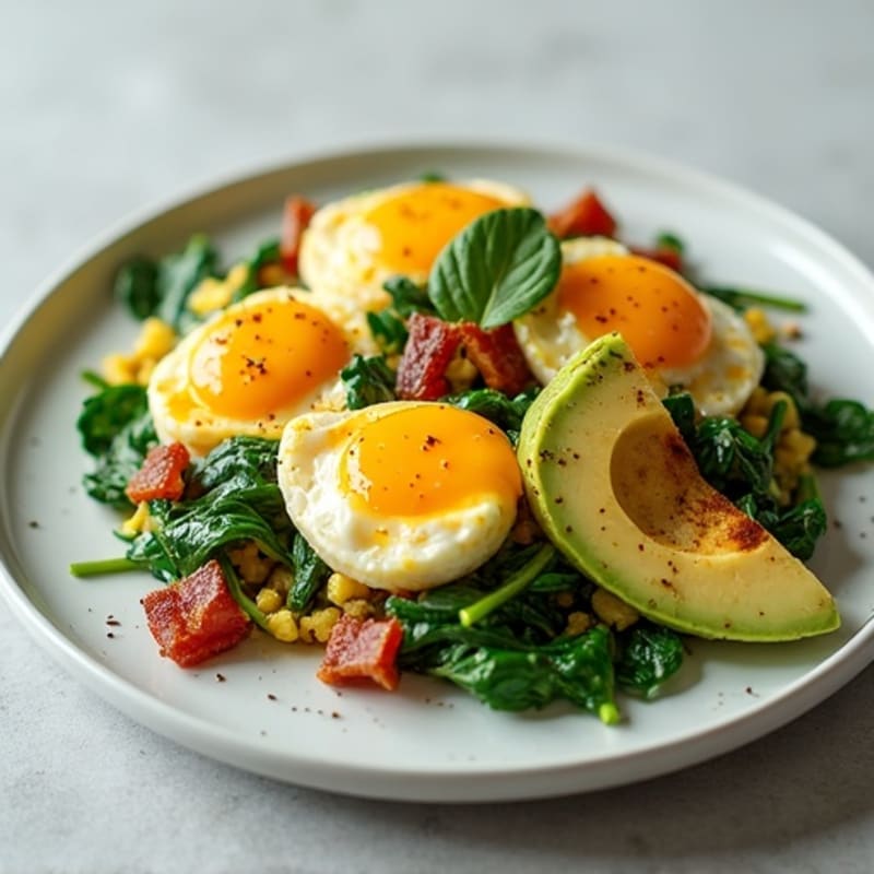 Egg White Scramble with Spinach, Turkey Bacon, and Avocado
