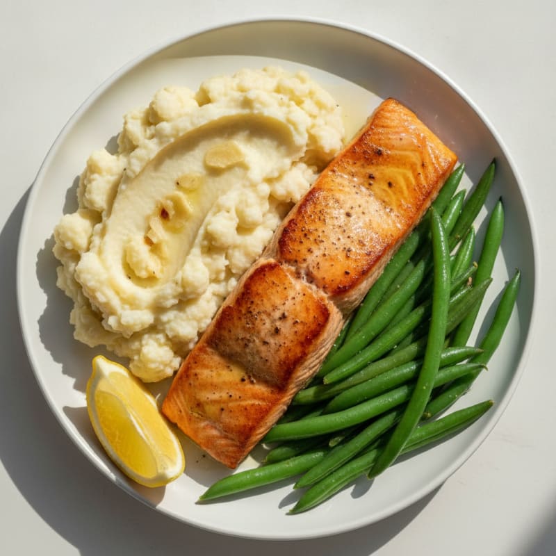 Seared Salmon with Steamed Green Beans and Garlic Mashed Cauliflower