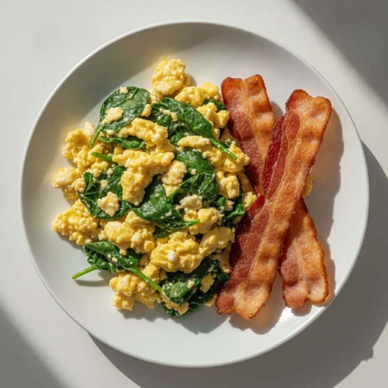 Cottage Cheese Egg Scramble with Spinach and Turkey Bacon