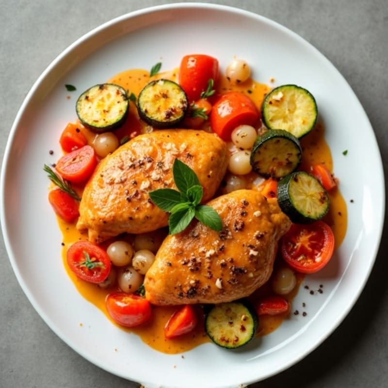 Healthy Creamy Spiced Tomato Chicken with Roasted Vegetables
