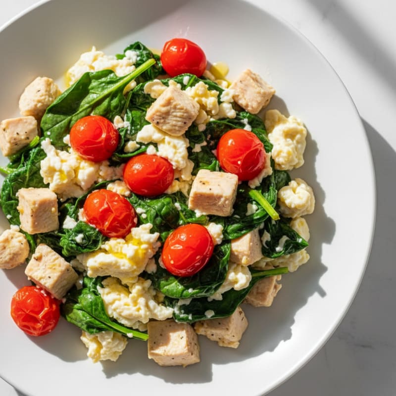 Egg White Spinach Scramble with Cherry Tomatoes