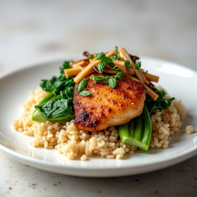 Crispy Pan-Seared Chicken with Sautéed Bok Choy and Enoki Mushrooms over Jasmine Rice