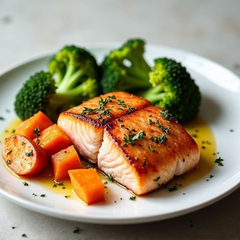 Seared Salmon with Herb-Roasted Sweet Potatoes and Steamed Broccoli