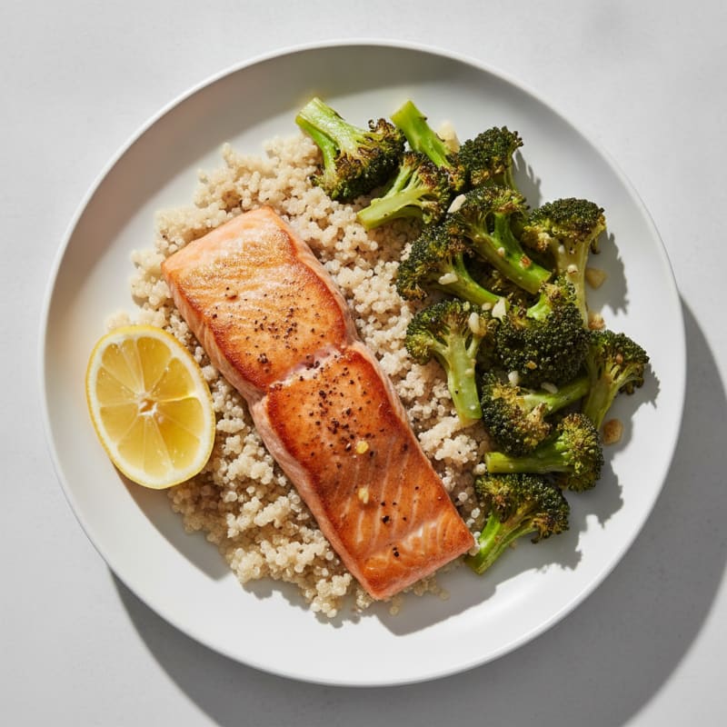 Seared Salmon with Roasted Broccoli and Quinoa