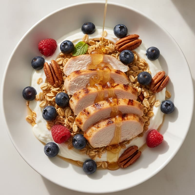 Creamy Greek Yogurt Parfait with Sliced Chicken Breast and Fresh Berries