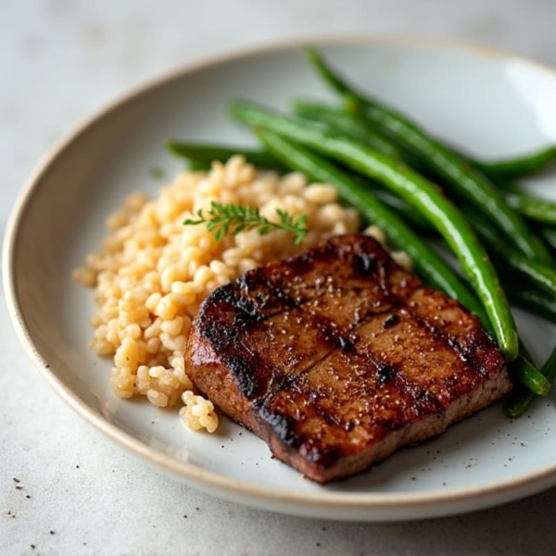 Seared Steak with Roasted Green Beans and Brown Rice