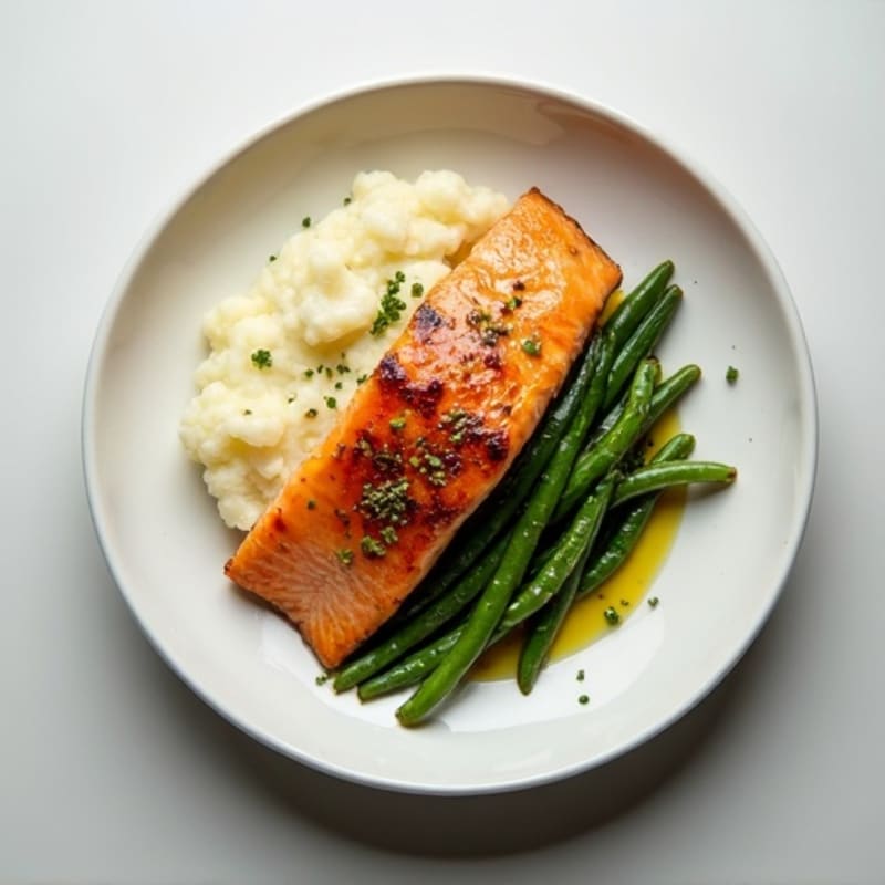 Seared Salmon with Garlic Green Beans and Cauliflower Mash