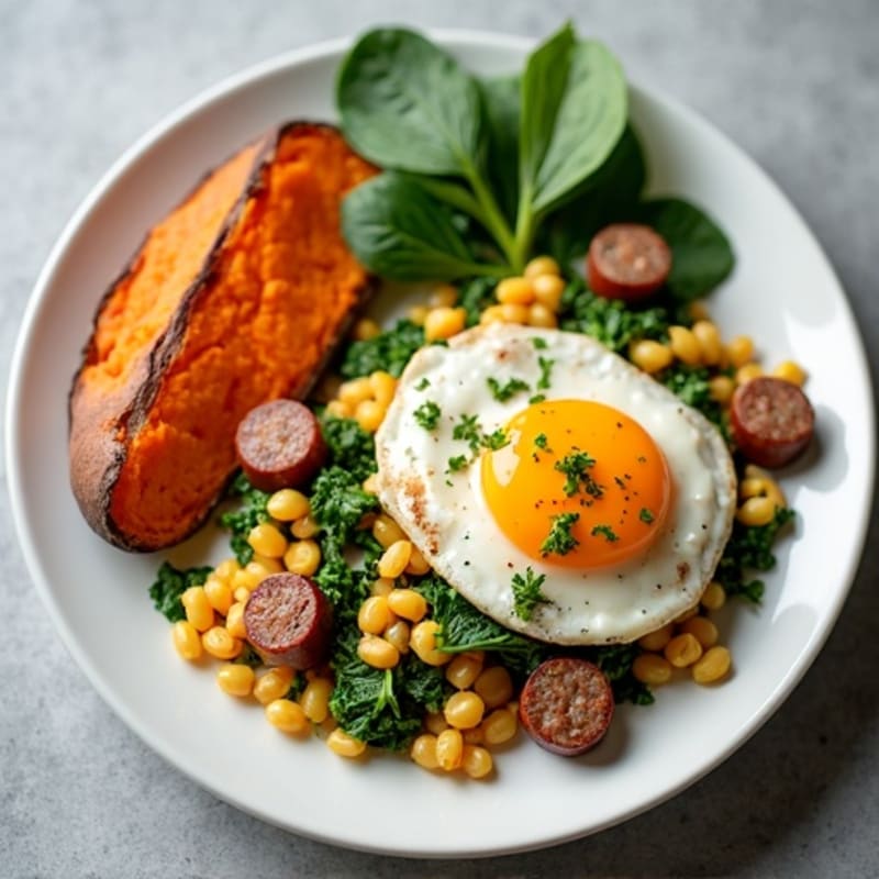 Egg White and Turkey Sausage Scramble with Spinach and Sweet Potato