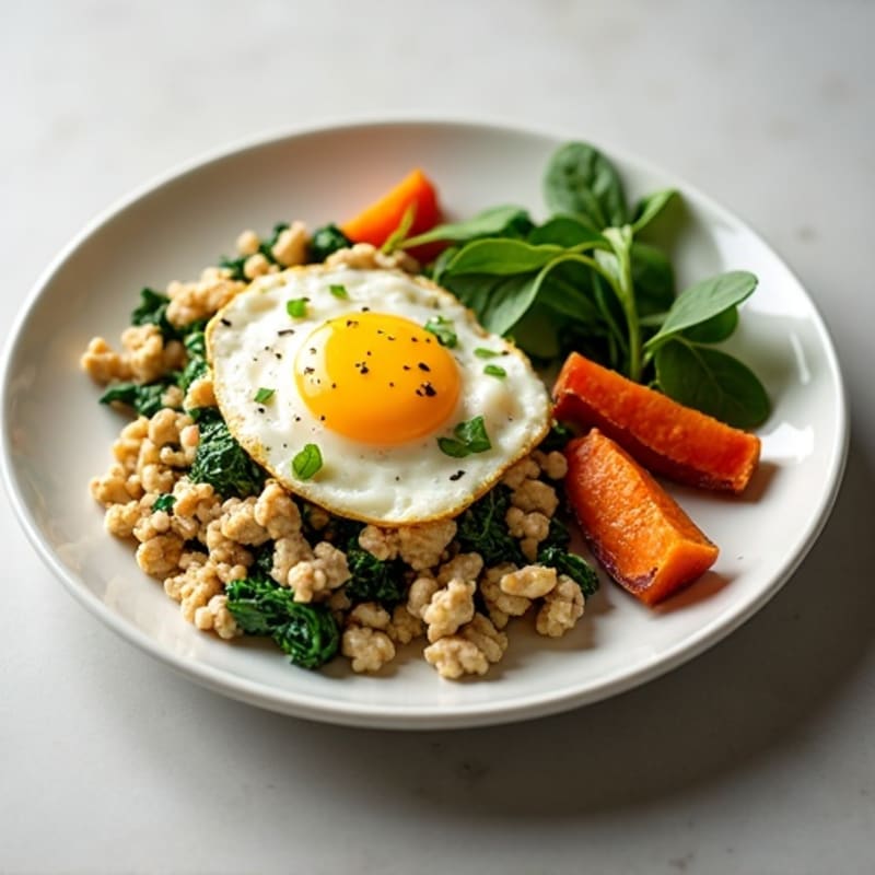 Egg White and Turkey Spinach Scramble with Roasted Sweet Potatoes