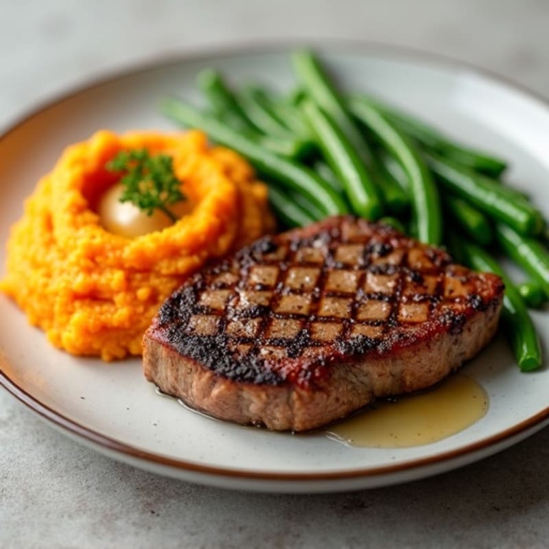 Seared Sirloin Steak with Garlic Green Beans and Sweet Potato Mash