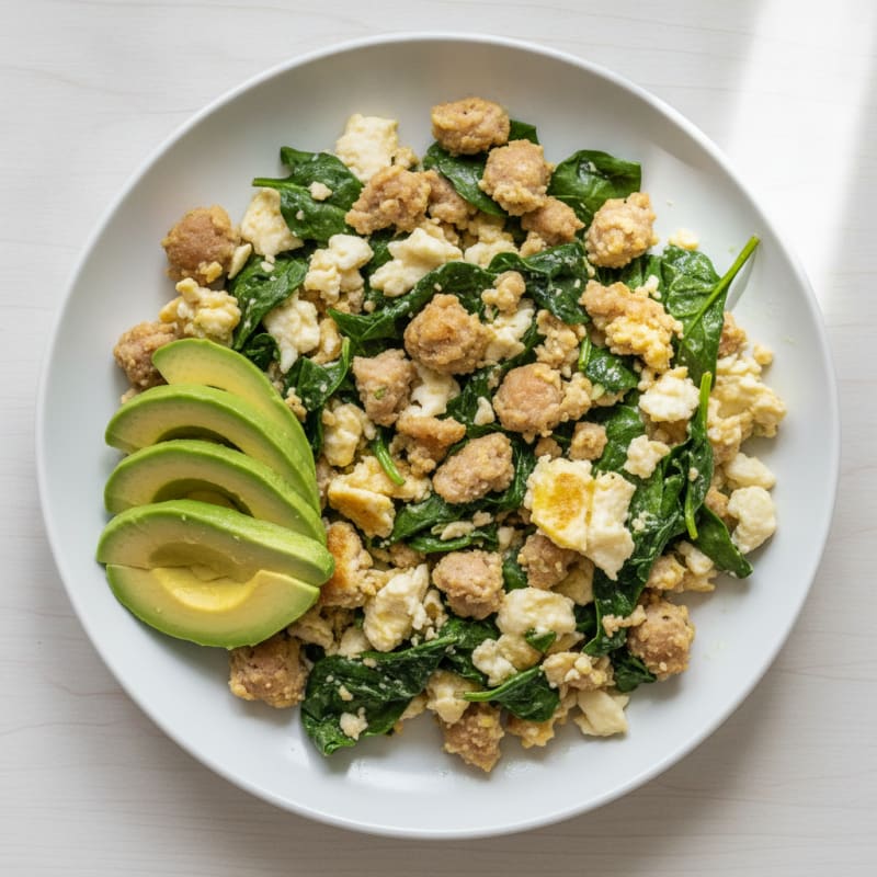 Egg White and Turkey Sausage Scramble with Sautéed Spinach