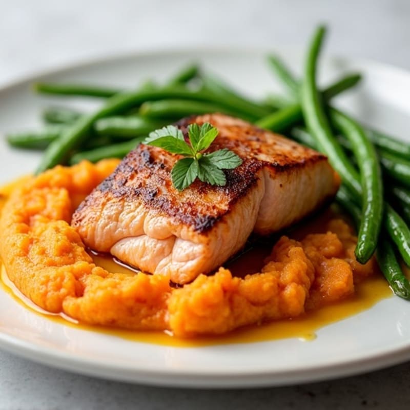 Seared Salmon with Steamed Green Beans and Sweet Potato Mash