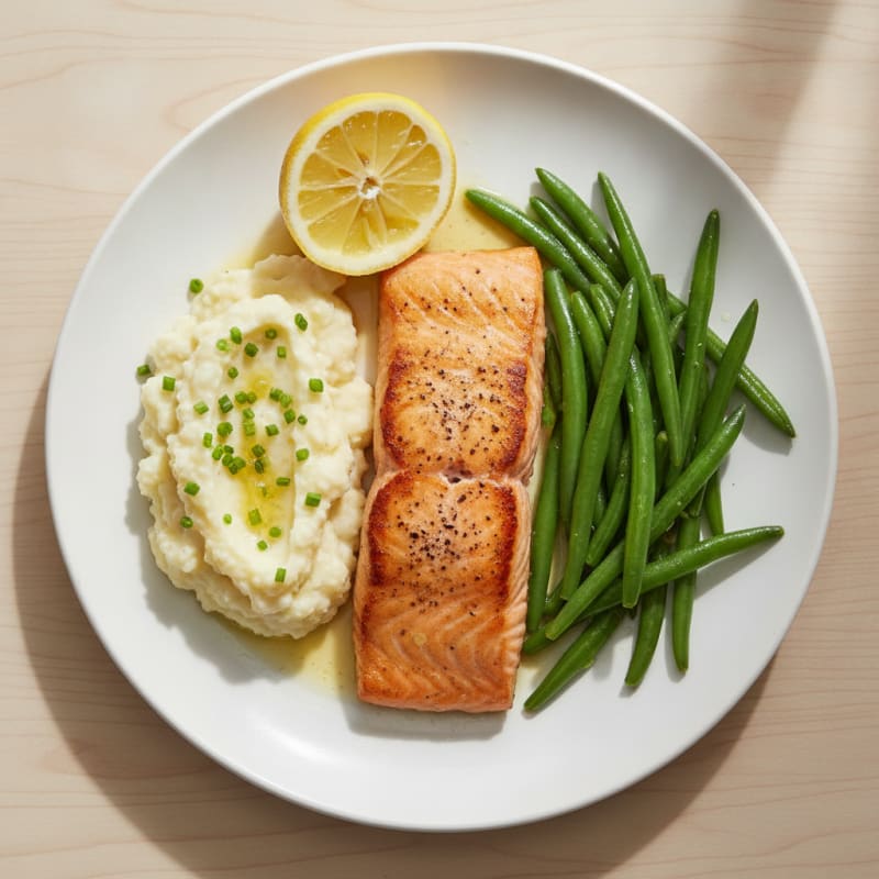 Seared Salmon with Steamed Green Beans and Garlic Mashed Cauliflower