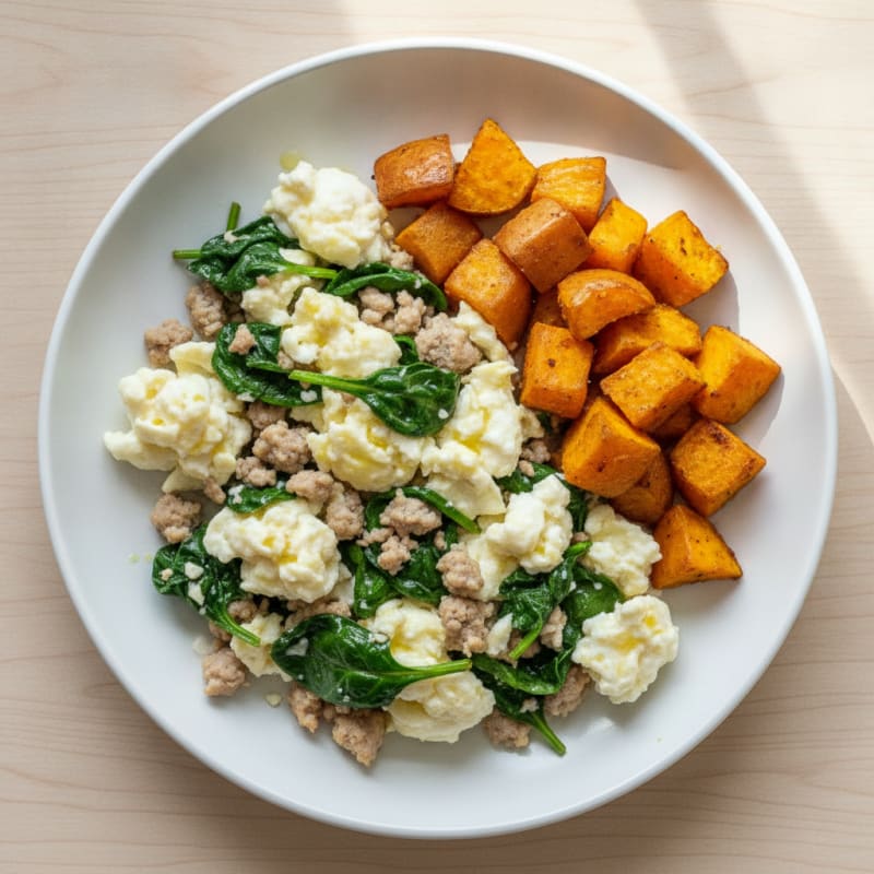 Egg White and Turkey Spinach Scramble with Roasted Sweet Potatoes