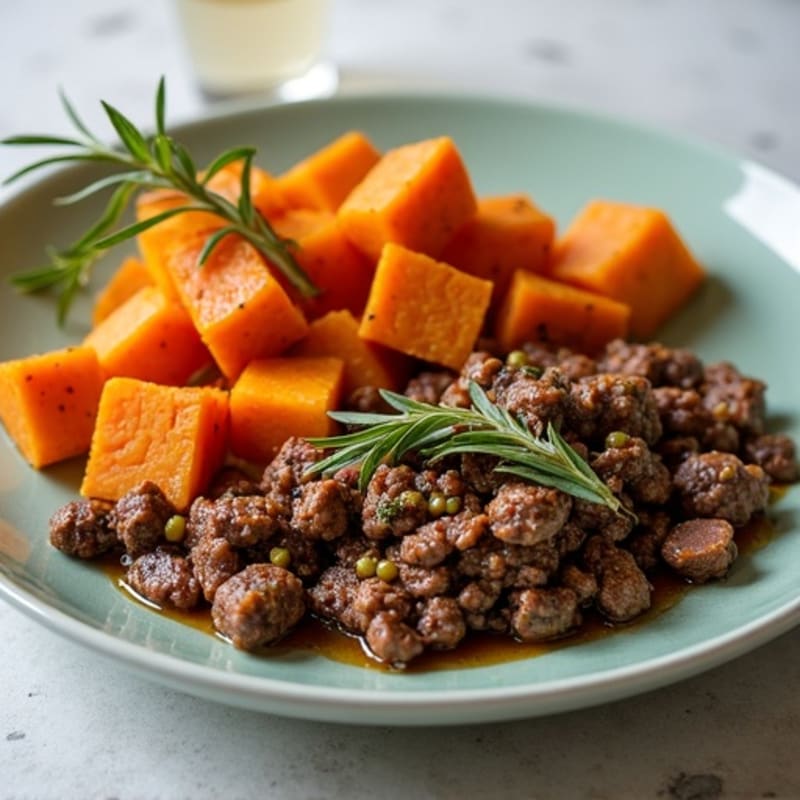Herb-Seasoned Skillet Ground Beef with Roasted Sweet Potatoes