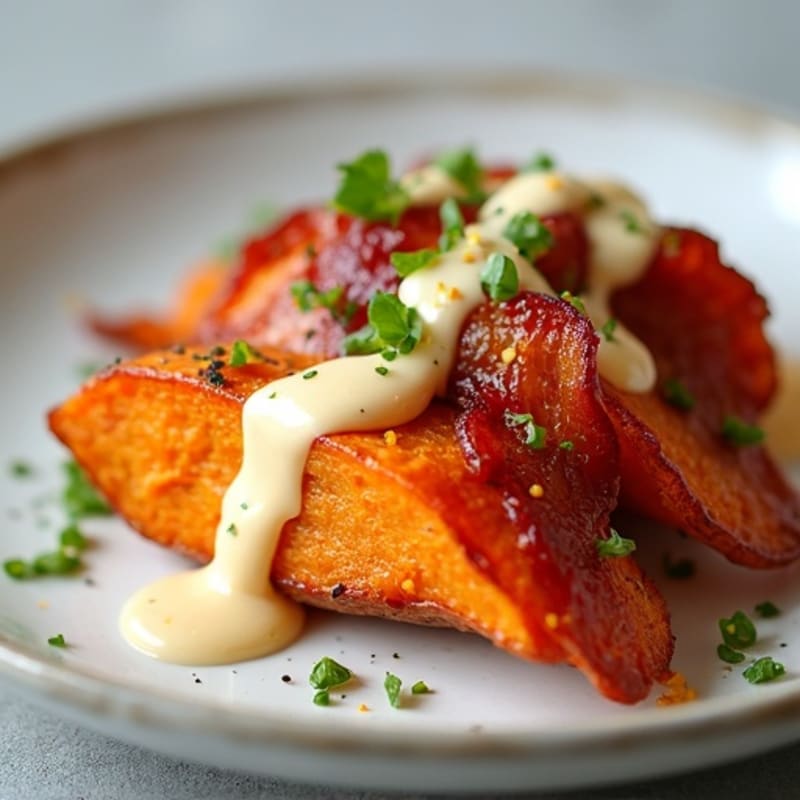 Crispy Roasted Sweet Potatoes with Smoky Turkey Bacon and Creamy Cheese Sauce