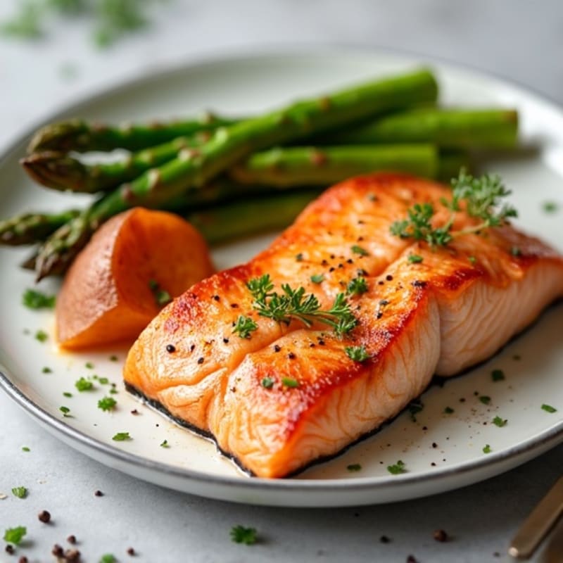 Seared Salmon Fillet with Roasted Sweet Potato and Asparagus