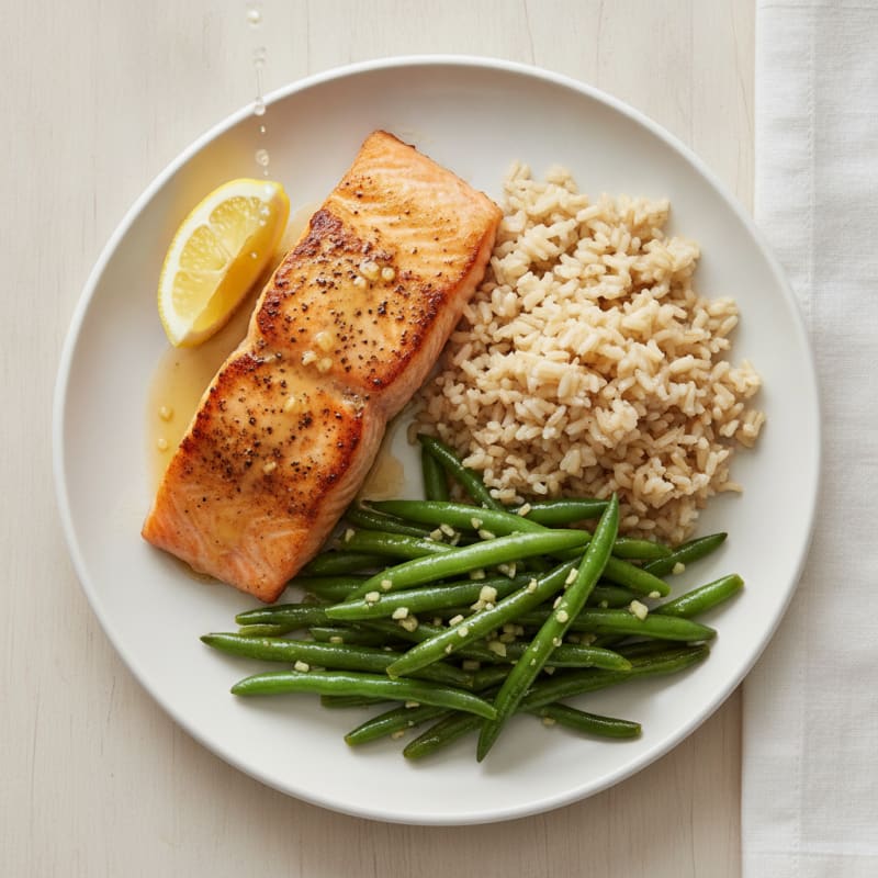 Seared Salmon with Garlic Green Beans and Brown Rice