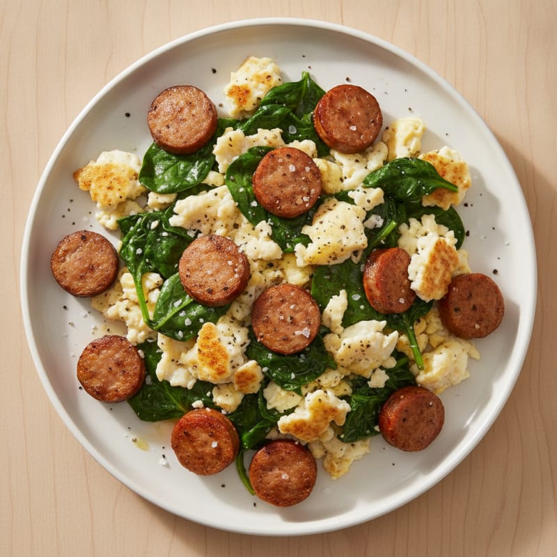 Scrambled Egg Whites with Turkey Sausage and Sautéed Spinach