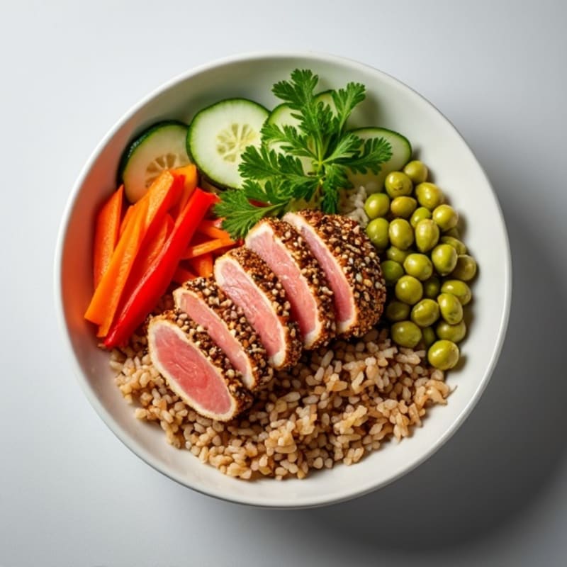 Sesame-Crusted Tuna Rice Bowl with Fresh Vegetables