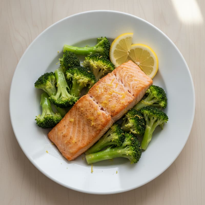 Seared Salmon with Steamed Broccoli and Lemon