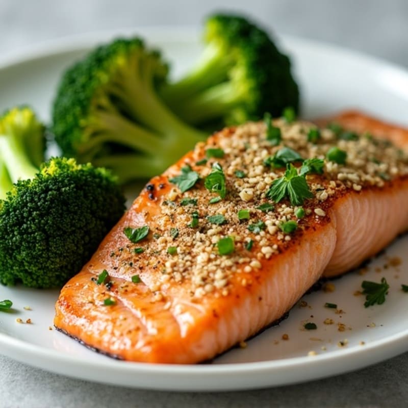 Herb-Crusted Pan Seared Salmon with Roasted Broccoli