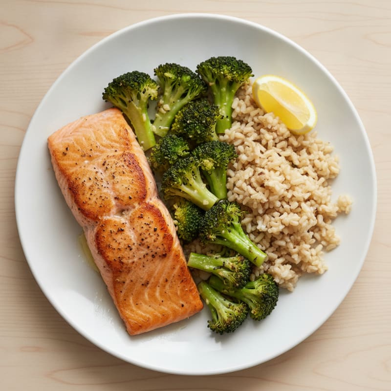 Seared Salmon with Garlic Broccoli and Brown Rice
