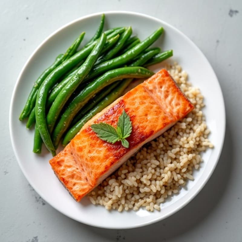 Seared Salmon with Steamed Green Beans and Brown Rice