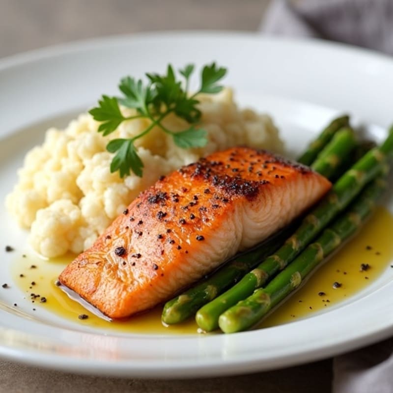 Seared Salmon with Steamed Asparagus and Cauliflower Mash