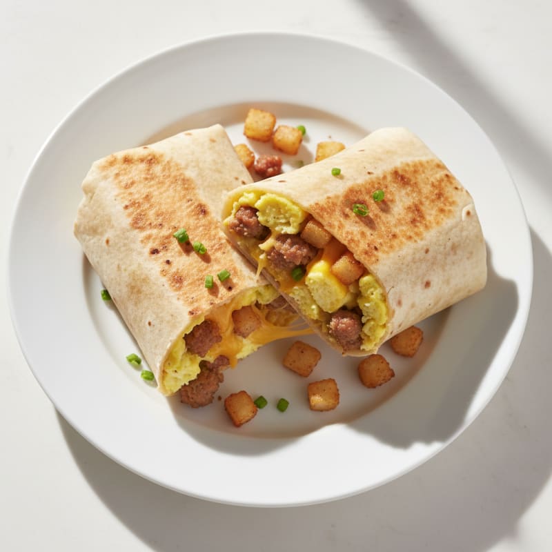 Cheesy Turkey Sausage Breakfast Burrito with Hash Browns