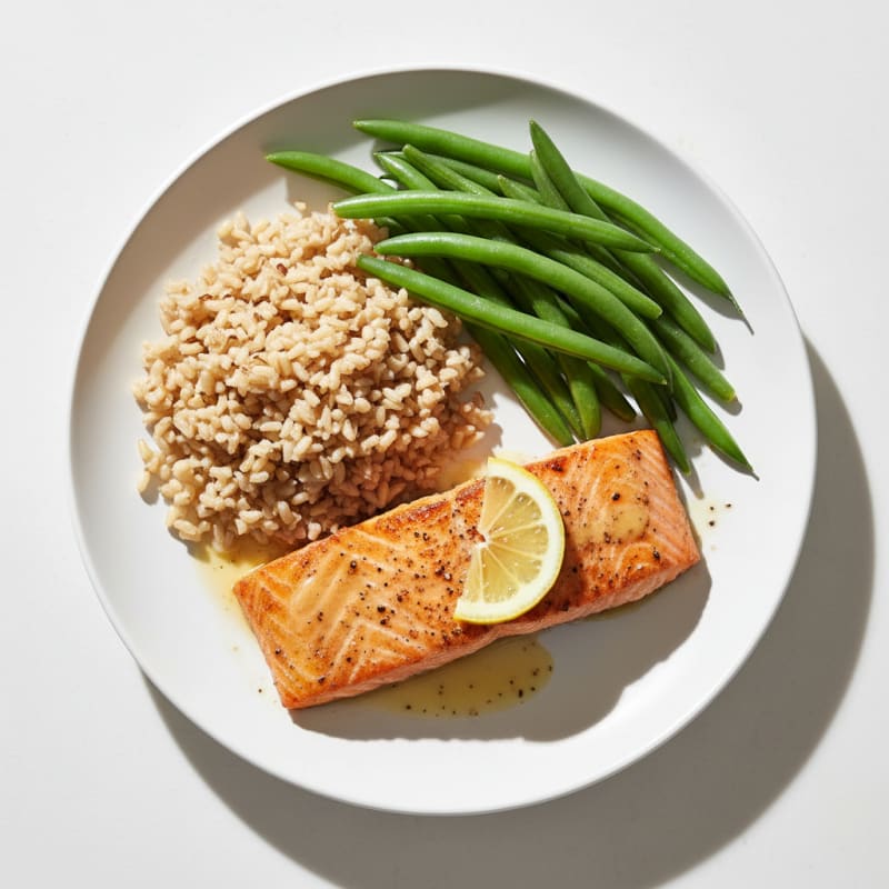 Seared Salmon with Steamed Green Beans and Brown Rice