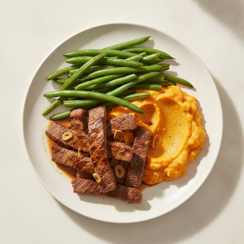 Seared Lean Beef Strips with Steamed Green Beans and Sweet Potato Mash