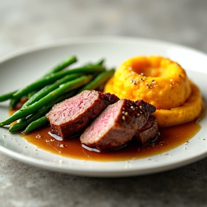 Seared Beef Tenderloin with Garlic Green Beans and Mashed Sweet Potato