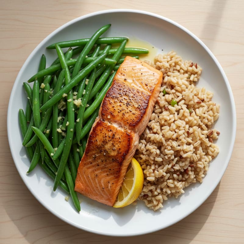 Seared Salmon Fillet with Garlic Green Beans and Brown Rice