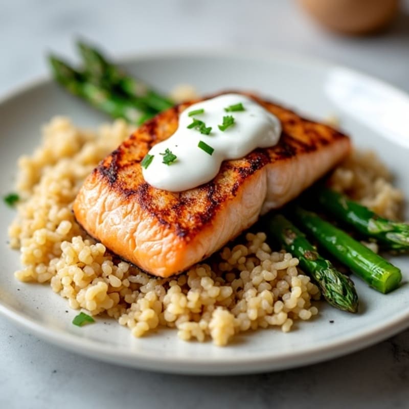 Seared Salmon with Steamed Brown Rice and Asparagus