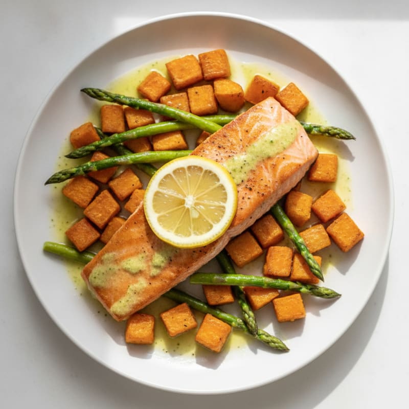 Seared Salmon Fillet with Roasted Sweet Potato and Asparagus