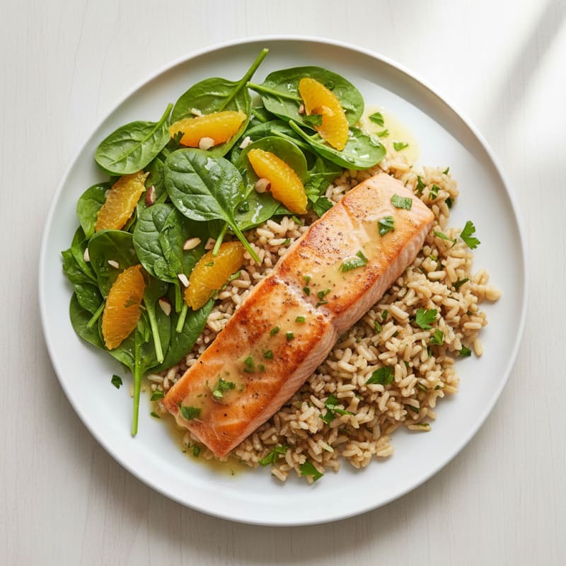 Seared Salmon with Herbed Rice and Citrus Spinach Salad