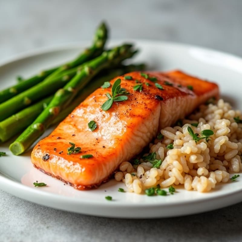 Seared Salmon with Steamed Asparagus and Brown Rice