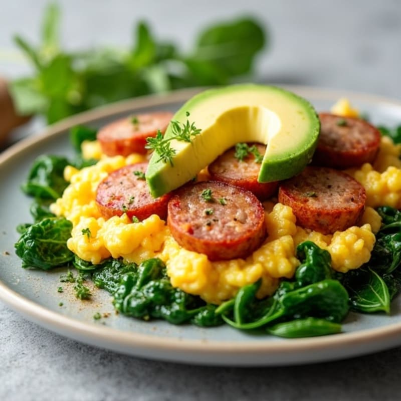 Egg White Scramble with Turkey Sausage and Sautéed Spinach
