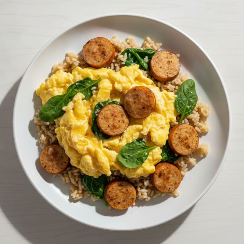Creamy Scrambled Eggs with Chicken Sausage and Brown Rice