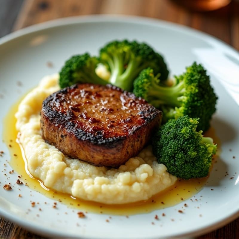 Seared Steak with Roasted Broccoli and Garlic Mash