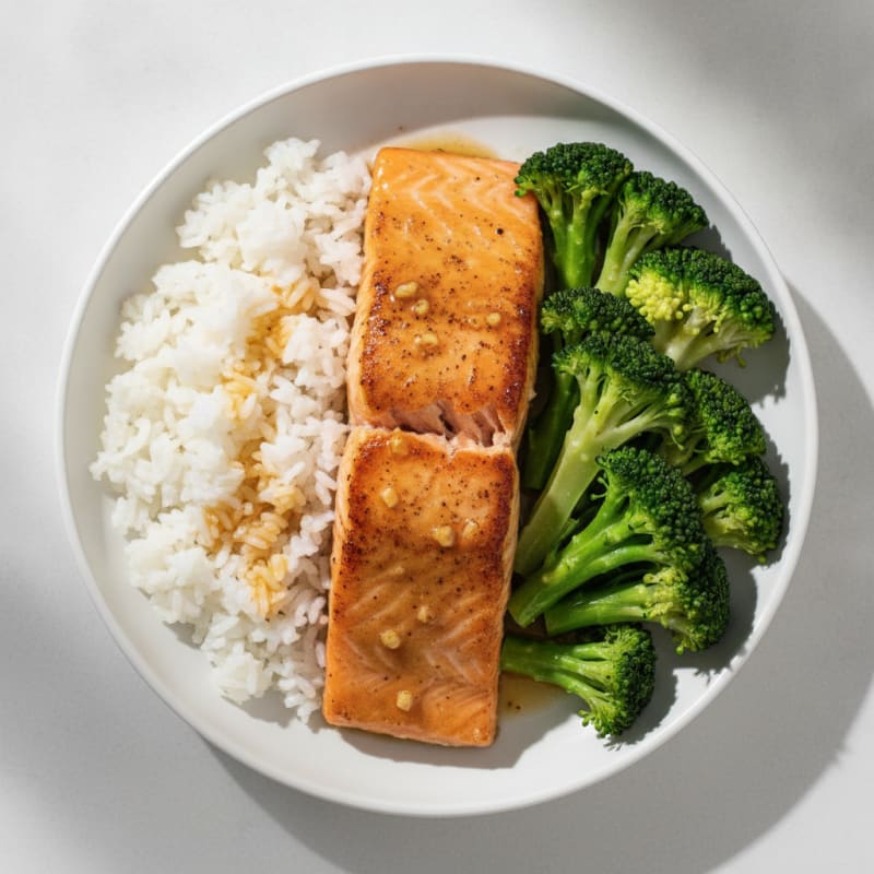 Crispy Pan-Seared Salmon with Steamed Broccoli and Jasmine Rice