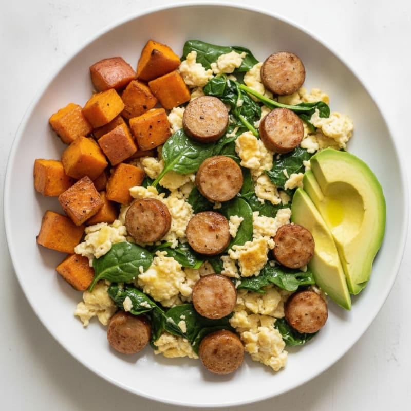 Egg White Scramble with Chicken Sausage and Spinach