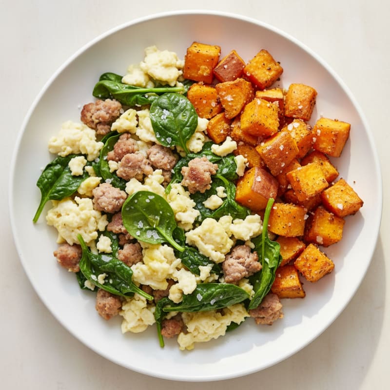 Egg White and Turkey Sausage Scramble with Spinach and Roasted Sweet Potato