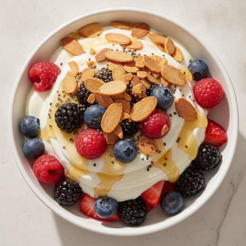 Greek Yogurt Protein Parfait with Mixed Berries and Almonds